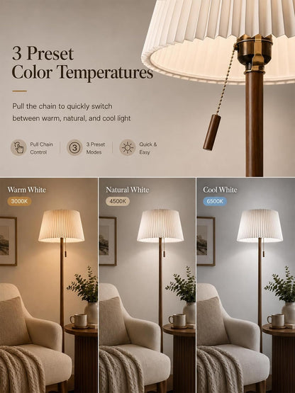 Mid Century Modern Real Wood Floor Lamp with Remote, 2 Shades | 65" Tall, Sculptural Teardrop Base, Foot Switch, Stepless Dimming, 3 Color Temperatures, 1H Timer, Bulb Included4