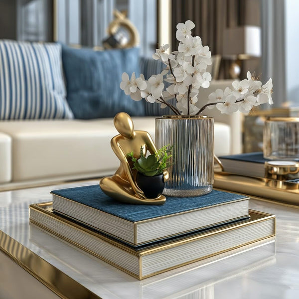 Modern Abstract Statue with Removable Faux Succulents Plants – Resin Figurine Home Decor Accents, Coffee Table Shelf Styling. Collectible Art Luxury Gift Items Woman Thinker Sculpture (Gold)2