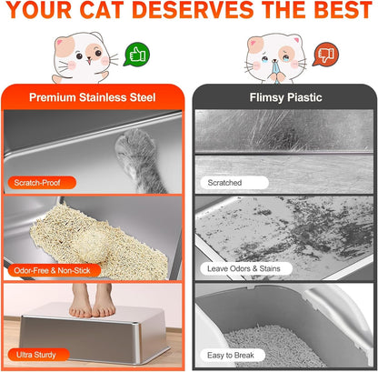 2PACK Stainless Steel Litter Box, Metal Litter Boxs with Lid High Sides, XL Extra Large Litter Box for Big Cats, Never Absorbs Odors, Leak-Proof, Stain-Free, Rust-Free, Easy to Clean, Scoop Included2