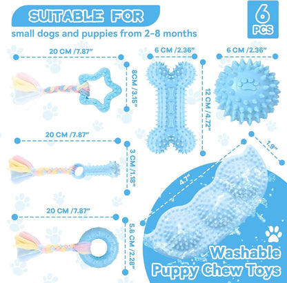 Petcare 6 Pack Puppy Chew Toys - Blue, Soft Rubber Rope & Bone Ball Teething Toys for Small Dogs & Puppies, Including Yorkie7