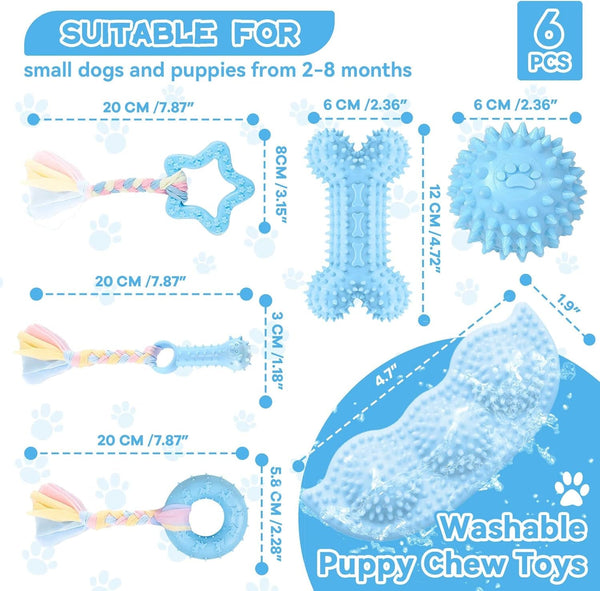 Petcare 6 Pack Puppy Chew Toys - Blue, Soft Rubber Rope & Bone Ball Teething Toys for Small Dogs & Puppies, Including Yorkie7