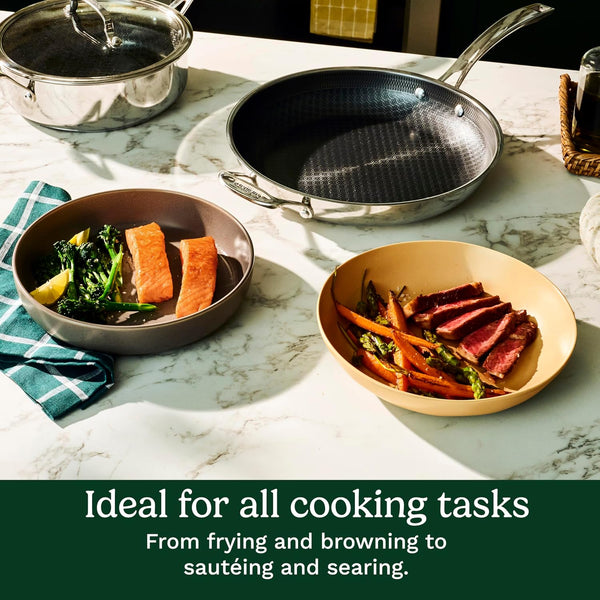 Hybrid Nonstick Frying Pans, Stainless Steel Scratch Proof, 3-Pc | Stainless Steel and Ceramic Frying Pan Set for Searing/Browning, Induction Pan with Lid, Oven Safe 500°F, 3 Sizes, FPS-6SSCR5