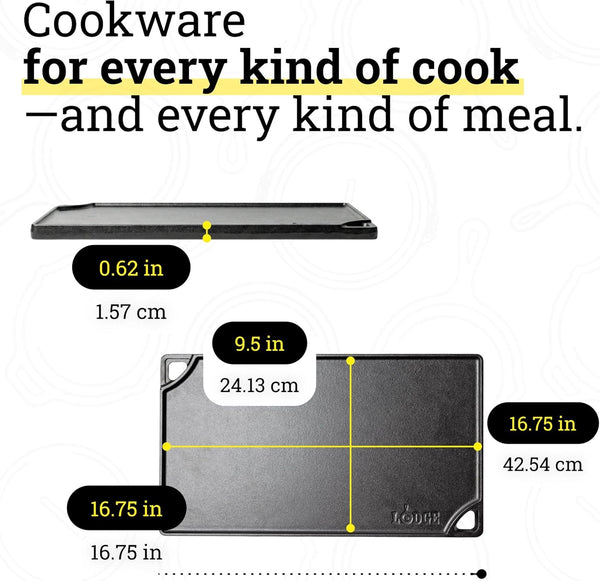 Reversible Cast Iron Grill/Griddle Pan, 16.75 X 9.5 Inches | Dual-Sided Double Burner Griddle for BBQ, Eggs, Pancakes & Burgers, Pfas-Free, Flat Top Cookware, Made in USA7