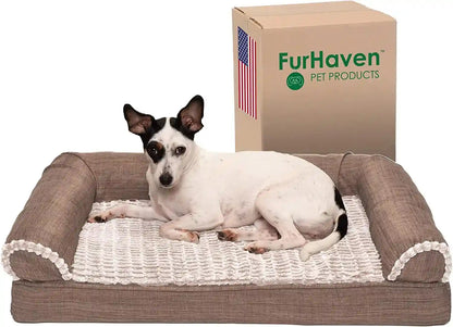 Furhaven Memory Foam Dog Bed for Medium/Small Dogs W/ Removable Bolsters & Washable Cover, for Dogs up to 35 Lbs - Luxe Faux Fur & Performance Linen Sofa - Woodsmoke, Medium1