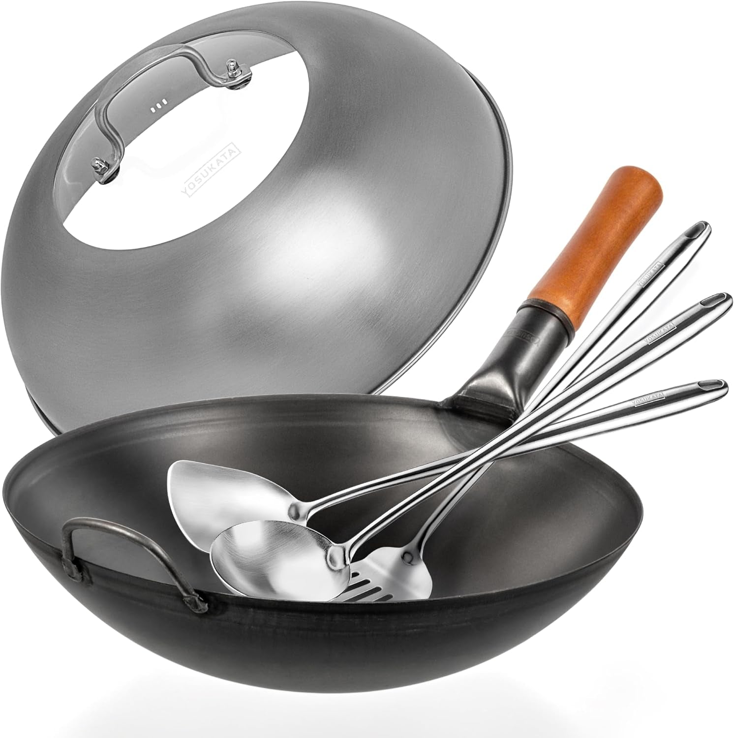 carbon-steel-wok-pan-14-in-woks-and-stir-fry-pans-chinese-wok-with-round-bottom-wok-wok-lid-13-6-inch-premium-stainless-griddle-dome-17-wok-spatula-and-ladle-and-turner