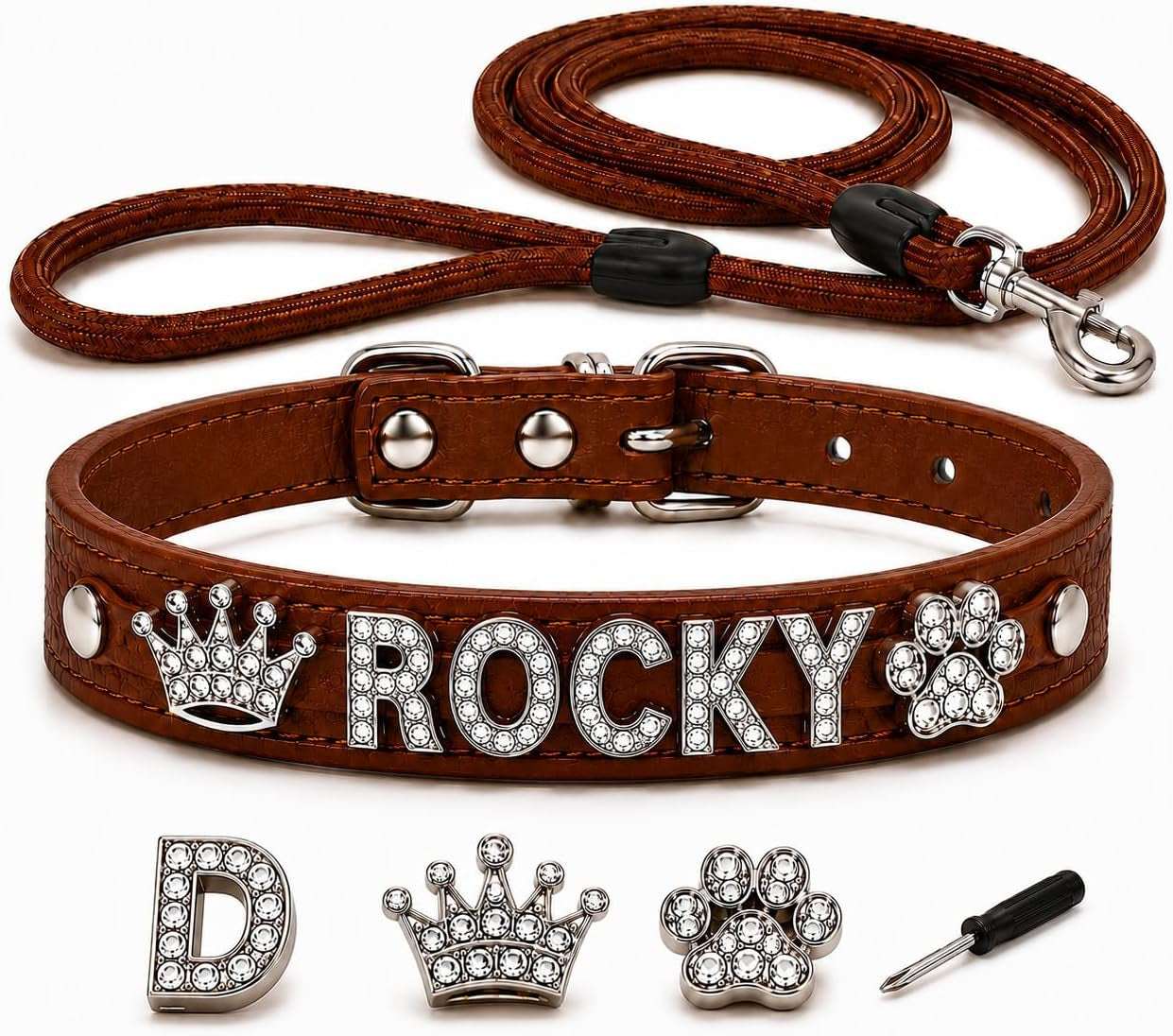 customized-dog-collar-and-leash-set-with-name-rhinestone-letter-pu-leather-collar-adjustable-bling-pet-collar-with-crown-paw-charms-for-dogs-brown