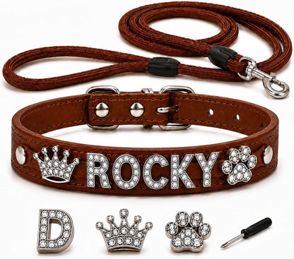 Customized Dog Collar and Leash Set with Name, Rhinestone Letter PU Leather Collar, Adjustable Bling Pet Collar with Crown & Paw Charms for Dogs, Brown1