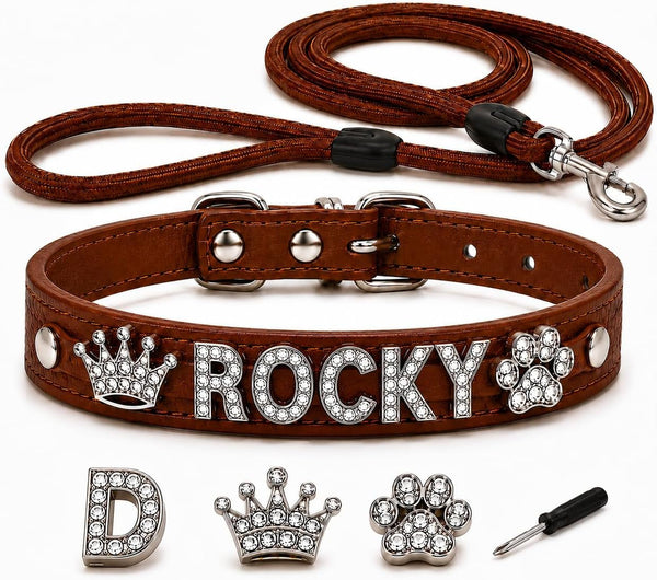 Customized Dog Collar and Leash Set with Name, Rhinestone Letter PU Leather Collar, Adjustable Bling Pet Collar with Crown & Paw Charms for Dogs, Brown1