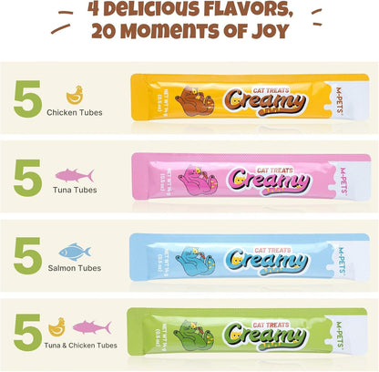 M-PETS Creamy Lickable Cat Treats – 4 Flavor Variety Pack, 20 Tubes of Healthy Squeeze up Snacks with Functional Nutrients for Hydration, Skin & Coat, and Digestive Health – Grain Free, High Protein6