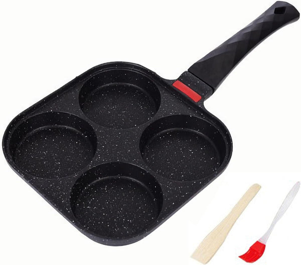 4-Cup Nonstick Egg Frying Pan Gas & Induction Omelette Skillet | Black 4-Hole Non Stick Egg Pan with 1 Spatula and 1 Brush. Perfect for Morning Pancakes, Bacon, and Quick Breakfast.1