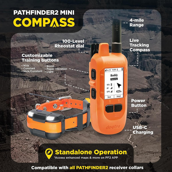 Dogtra PATHFINDER2 MINI Compass Live GPS Dog Tracking & Training System - 4-Mile Range E-Collar Handheld with No Subscription, Offline Maps, GPS Fence, Expandable up to 21 Dogs, for Dogs 15+ Lbs2