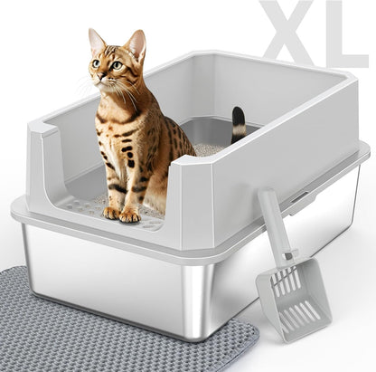 Stainless Steel Litter Box, Extra Large Litter Boxes for Big Cats, Xlarge Metal Cat Litter Box with Lid, Anti-Urine Leakage XL Box with High Sides, Easy Clean, Non-Sticky, Scoop Included9
