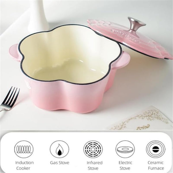 Enameled Cast Iron Dutch Oven Floral-Shaped Pot with Lid, Dual Handles, Works on All Stovetops, Oven Safe to 500°F, 2.5 Quart, Pink4