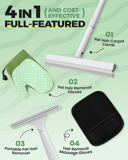 Carpet Rake for Pet Hair Removal Tool - 4 in 1 Pet Hair Remover Kit for Dog Cat Fur Remover, Contain 60" Adjustable Rubber Broom, Glove, Magic Brush and Scraper for Furniture,Short Pile Carpets, Mats9