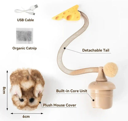 Migipaws Interactive Migimouse Cat Toy 360° Rolling & Spin with Mesh Plastic Tail for Indoor Cats Smart Motion Sensor, Realistic Squeak, Rechargeable Plush Kitten Toy(Brown Long)7