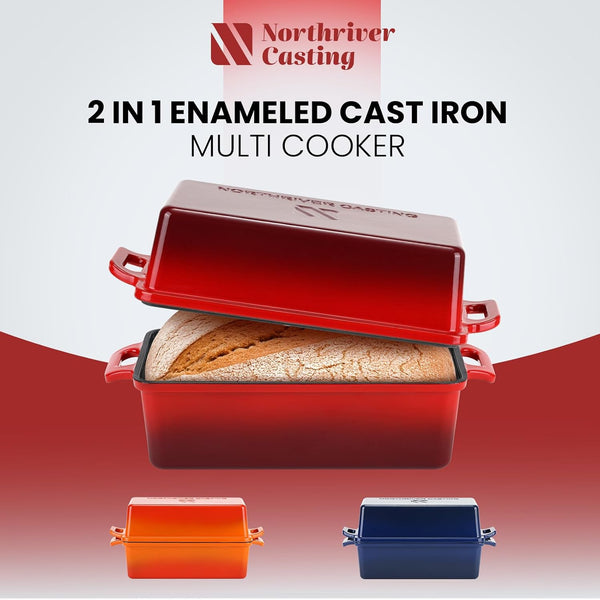 9X5 Inch Enameled Cast Iron Bread Loaf Pan with Lid, Perfect Sourdough Baking Pans | Even Heat Distribution for Homemade Bread, Cake, Meatloaf，2 Piece Set，Red4