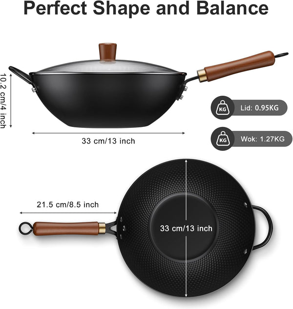 Wok with Lid, 13 Inch Carbon Steel Woks & Stir-Fry Pans Nonstick | Pre-Seasoned 5.6QT Flat Bottom Chinese Wok Pan with Lid, PFOA/PTFE Free Cookware Compatible with All Cooktops3