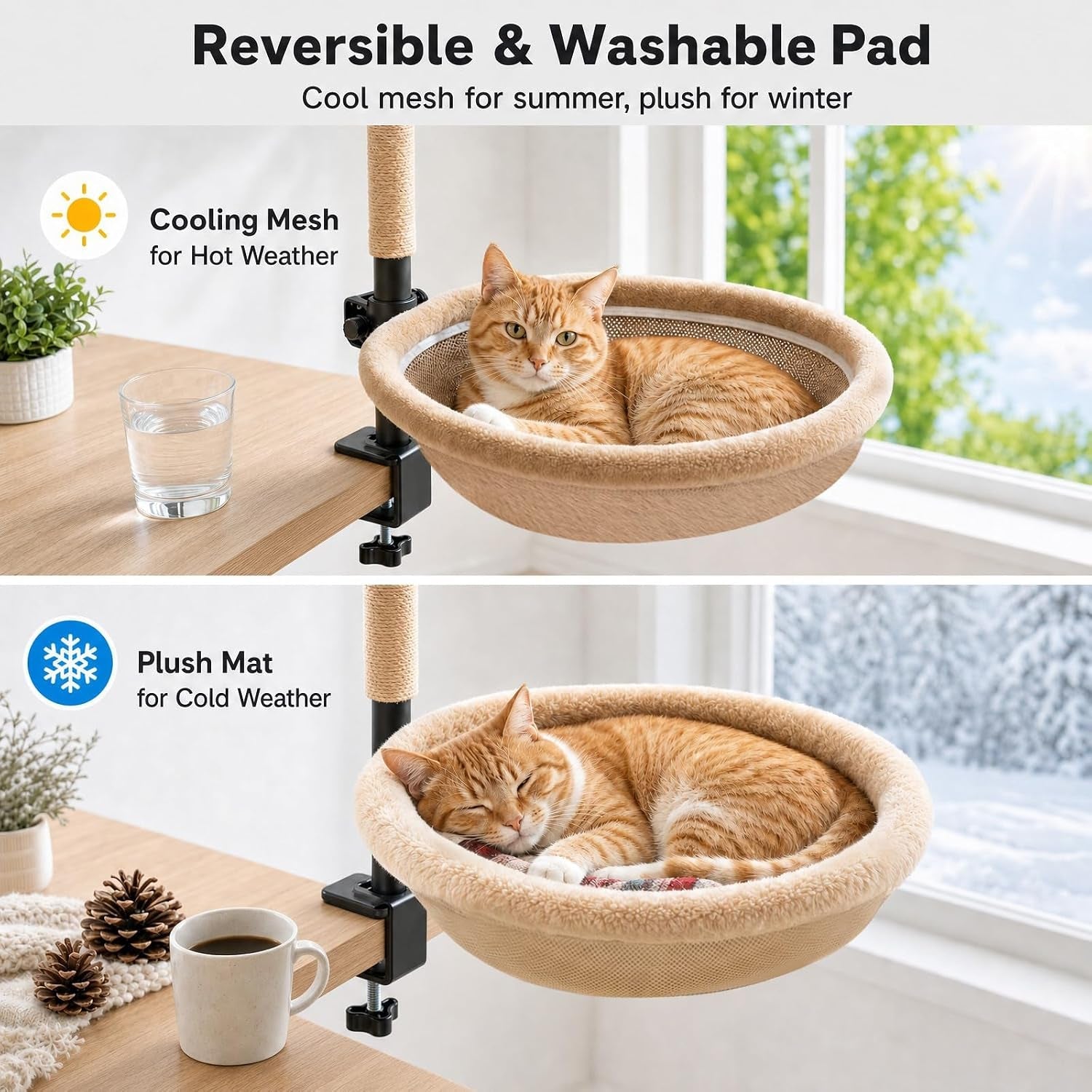 cat-desk-bed-with-scratching-post-clamp-on-360-rotating-camel-adjustable-height-reversible-machine-washable-cover-alloy-steel-frame-space-saving-perch-supports-cats-up-to-45-pounds