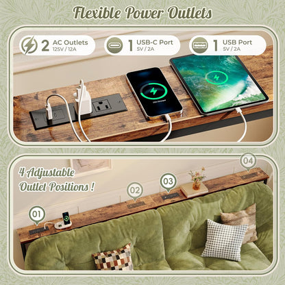 102.4 Inch Sofa Table with Power Outlets, Skinny behind Couch Table | Console Table with USB-C Ports, 23.9’’-34.4’’ Height Adjustable Range, Sofa Tables Narrow Long for Small Spaces, Rustic Brown6