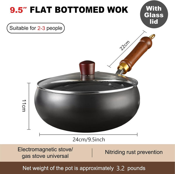 Carbon Steel Wok Pan, 9.4 INCH Nonstick Pre-Seasoned Woks & Stir-Fry Pans with Lid, No Chemical Coating Wok Flat Bottom Small Handmade Chinese Wok for Induction, Gas, Electric & All Stoves2