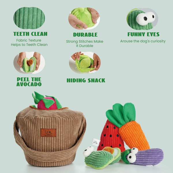 Nocciola Squeaky Fruits Veggies Stuffed Dog Toys Pack- Hide Seek Grocery Basket Crinkle Plush Puppy Toys to Keep Busy, Birthday Pet Supplies Gifts for Small Medium Breeds4