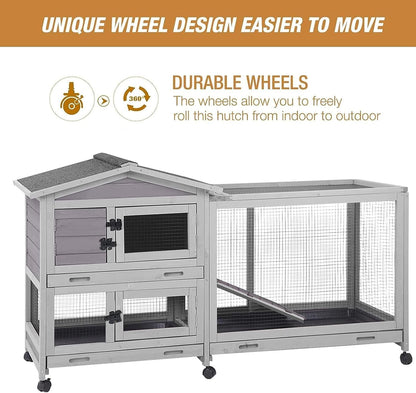 Bunny Cage Indoor and Outdoor Rabbit Hutch with Casters Waterproof Roof, Pull Out Tray from Back and Front 61.2" L X 22.6" W X 33.5" H3