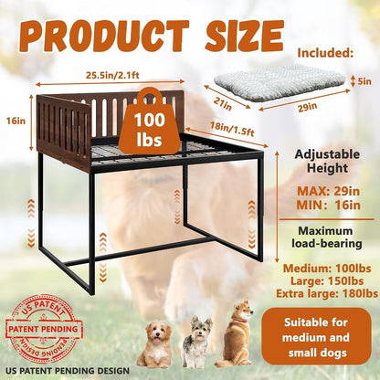 Beside Dog Bed,2 Panels Adjustable Height Dog Bunk Beds,25.5‘’X18‘’Metal Dogs Bed Frame with Cushion,Medium3