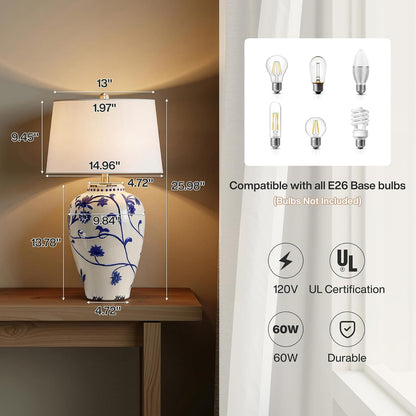 Tribesigns 27-Inch Table Lamp with Blue and White Porcelain Ginger Jar, Embossed Floral Ceramic Base with Fabric Shade for Living Room, Entryway, Nightstand for Bedroom2