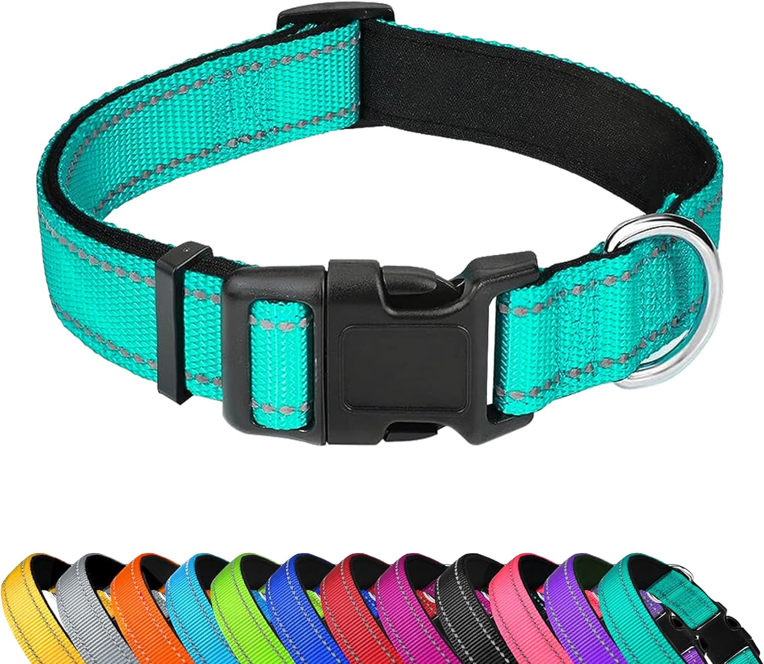reflective-dog-collar-adjustable-soft-neoprene-padded-teal-m-breathable-nylon-for-medium-dogs-tear-resistant-webbing-chafe-free-on-walks-and-hikes-metal-d-ring-night-safety