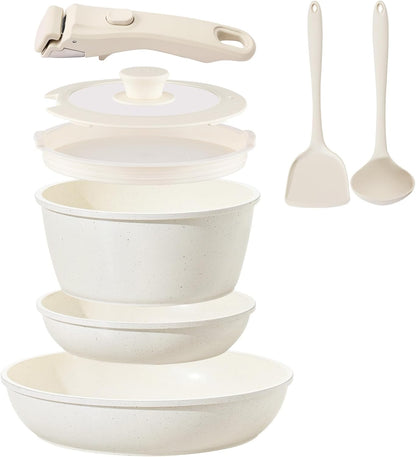 Ceramic Cookware Set Non Stick 8Pcs Pots and Pans Set Detachable Handle Induction Kitchen Cooking Set with Frying Pans Oven Dishwasher Safe, PFAS/PFOA Free, Cream White1