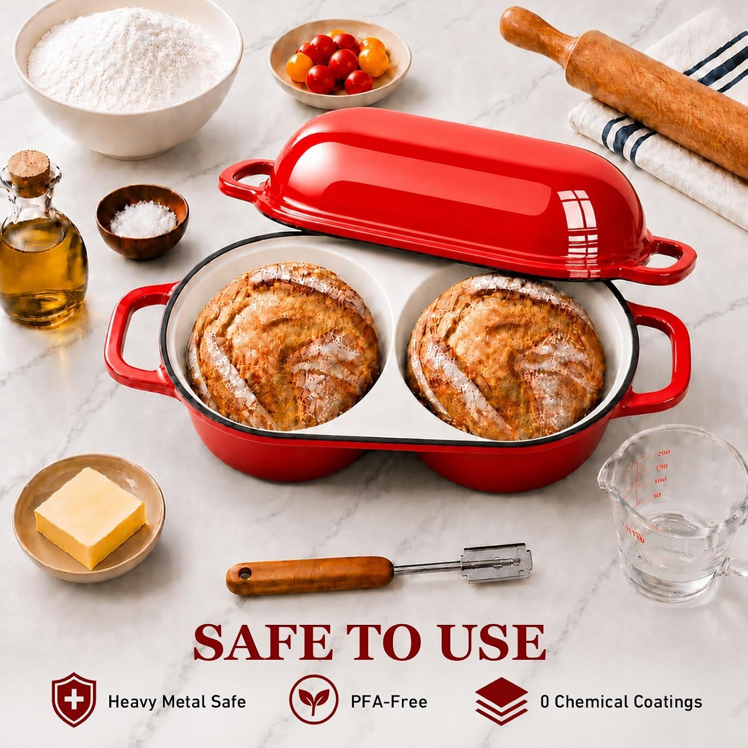 double-dutch-oven-for-sourdough-bread-baking-2-2qt-enameled-cast-iron-dutch-oven-pot-with-lid-500-f-oven-safe-non-stick-bread-loaf-pan-sourdough-baking-pan-for-homemade-baking-red