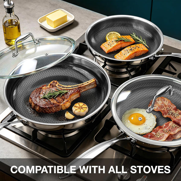 Non Stick Frying Pans Set, 8, 10 and 12-Inch with Lids, Hybrid Fajita Pans Nonstick for Cooking, Stainless Steel Pan Skillets, Dishwasher & Oven-Safe, Induction Ready Cooking Pan, PFOA Free Cookware8