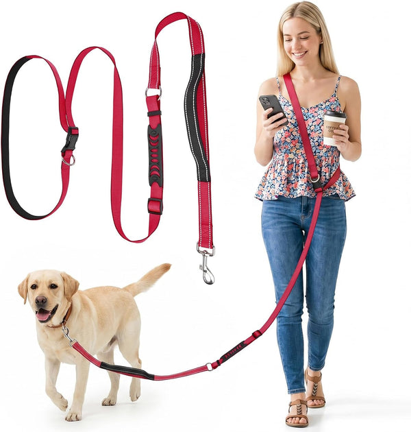 Xiaz Hands Free Dog Leash,Versatile Crossbody Dog Leash,5.9-7.9 FT Waist Belt with Double Handles for Small Medium and Large Dogs Walking, Running and Jogging, Red1