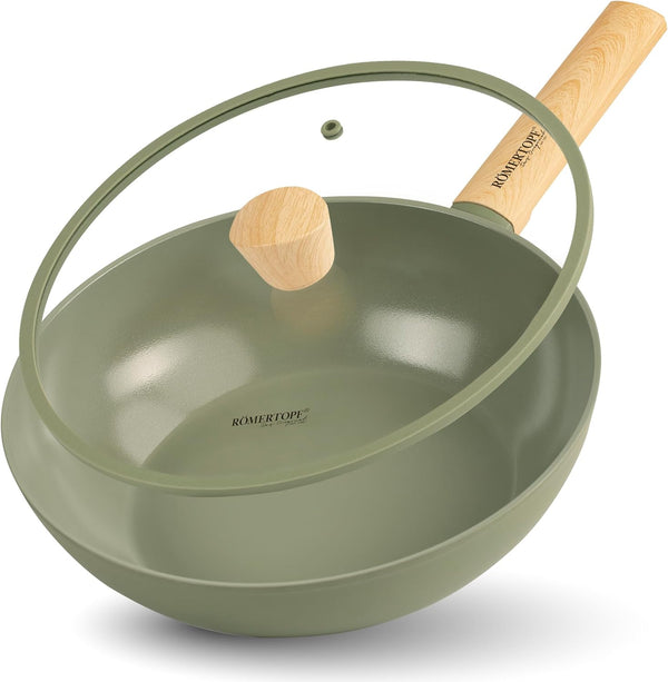 Romertopf 11 Inch Non Stick Wok Pan with Lid | Ceramic Wok with Flat Bottom for Induction Cooktop – Non Toxic Nonstick Stir Fry Pan, Large Woks & Stir-Fry Pans Nonstick for All Stoves1
