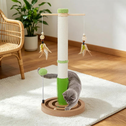 Cat Scratching Post, 26" Tall Scratch Post with Hanging Toy for Indoor Cats | Sisal Cat Scratcher Post with Grooming Brush, Double-Layer Interactive Wooden Ball Track, for Small Cats and Kittens Play3