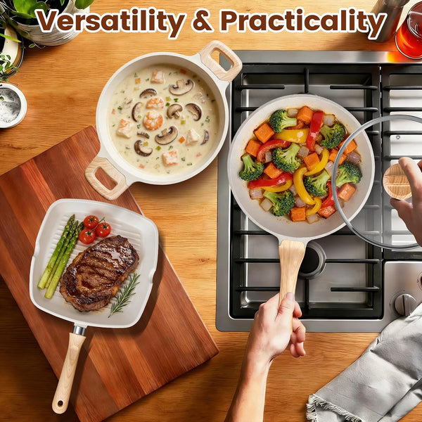 27PCS Nonstick Ceramic Pots and Pans Cookware Set with Gloves, Apron, Silicone Tools,Ivory9