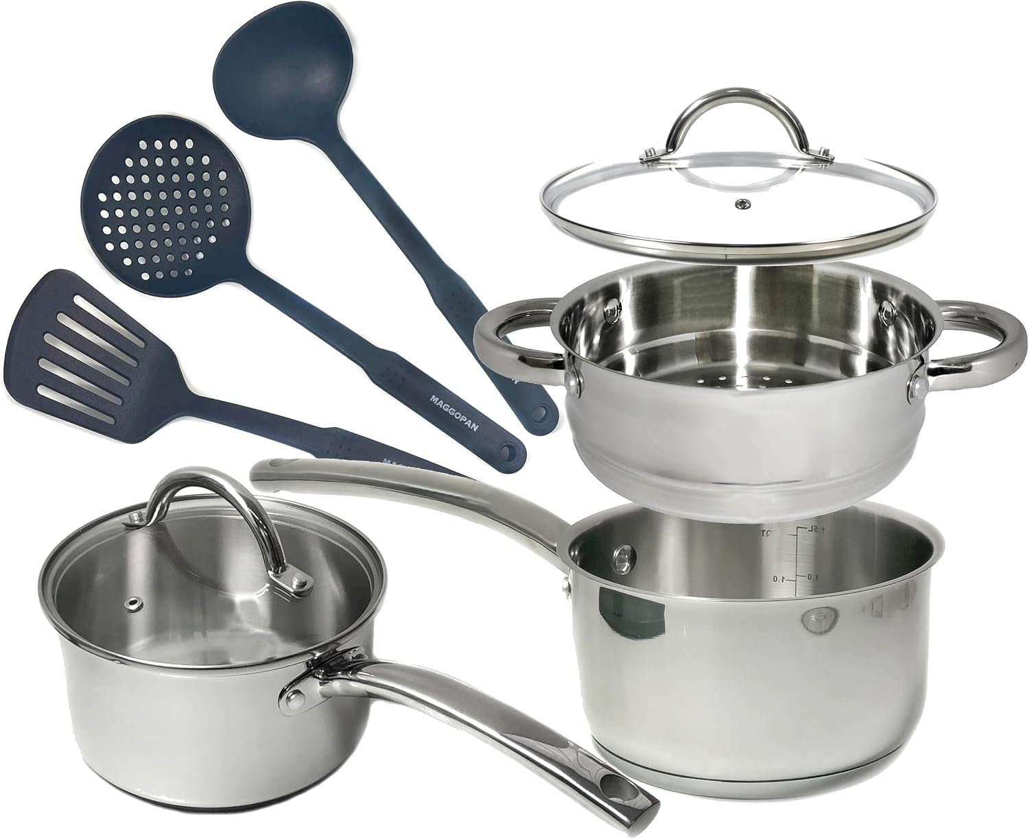 stainless-steel-saucepan-glass-lid-casting-steel-handle-induction-impact-bonded-8-pcs-set-steamer