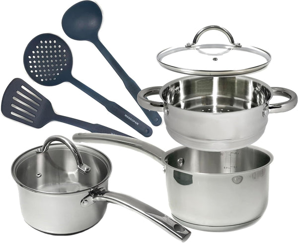 Stainless Steel Saucepan Glass Lid Casting Steel Handle Induction Impact Bonded 8 PCS Set Steamer7