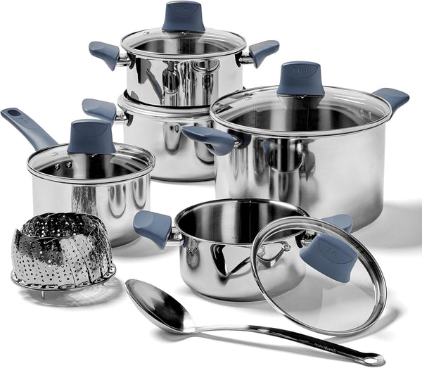 Essentials Stainless Steel Cookware Set 12 Piece, Induction Compatible, Oven Safe 350F, Cooking Set W/Stewpots, Stockpot, Saucepan, Lids & Tools, Measuring Marks, Dishwasher Safe, Silver/Blue1