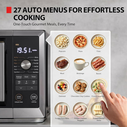 Optichef Pro Air Fryer Combo Countertop Microwave Oven, 1.0 Cu.Ft | Origin Inverter, Chefdefrost, 27 Auto Menus, 10 Power Levels, for Home Kitchen, 1000W, Black Stainless Steel6