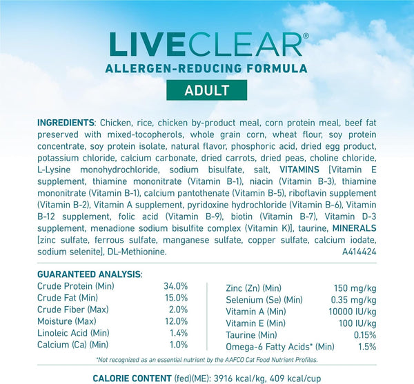 Purina ONE Liveclear Allergen-Reducing Cat Food Dry Formula with Real Chicken as the Number One Ingredient - 6.3 Lb. Bag | Real Chicken Is the #1 Ingredient, Reduces Allergens in Cat Hair and Dander by 47%, Includes DHA for Cat Vision Support4