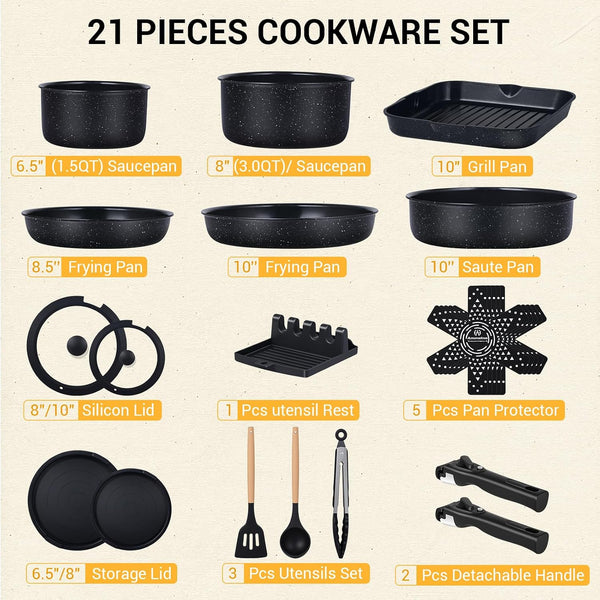 21 Pcs Pots and Pans Set Non Stick with Detachable Handle & Grill Pan, Induction Ceramic Cookware Set, Non Toxic Kitchen Pots and Pans Set for Rvs,Camping, Oven/Dishwasher Safe, Black2