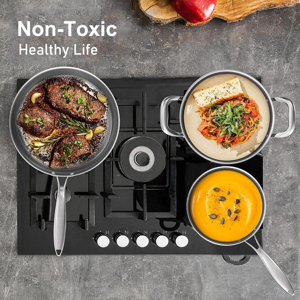Hybrid Stainless Steel Cookware Set, 7Pcs Pots and Pans Set Non Stick | Non-Toxic, Induction Compatile, Oven and Dishwasher Safe, PFOA Free, Stay-Cool Handles7