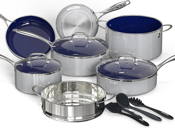 14-Piece Ceramic Cookware System, Complete Kitchen-In-A-Box Set with Grill Pan, Steamer & Utensils, Pfas-Free Nonstick Induction Cookware, Forged Aluminum Even Heat Set1