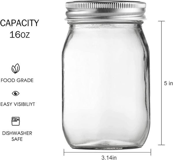 Glass Mason Jars, 16Oz Regular Mouth Canning Jar with Airtight Lids, 4 Pack | Small Sealing Containers, Glass Jars, Durable Clear Glass Material, for Food Storage, Overnight Oats, Meal Prep, Candy2