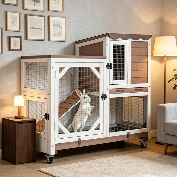 GUTINNEEN Wooden Duplex Rabbit Cage on Wheels with Chew-Proof Ramp, Grey | 4 Mobile Swivel Casters, 2-Story Design, Waterproof Rain Cover, 5 Access Doors, 2 Sliding Trays9