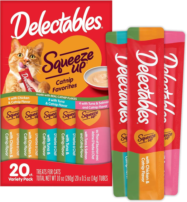 Delectables Squeeze up Catnip Variety Pack, Creamy Squeezable Puree, Lickable Wet Cat Treats, Grain Free, No Added Fillers, No By-Products, No Added Preservatives, 0.5 Ounces Tube, 20 Tubes Total1
