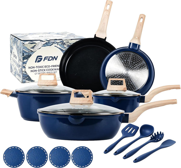 16Pcs Titanium Pots and Pans Set,Toxic-Free Cookware Set, Dishwasher & Oven Safe, Induction Compatible with Bakelite Wood Grain Handle, Compact and Durable1