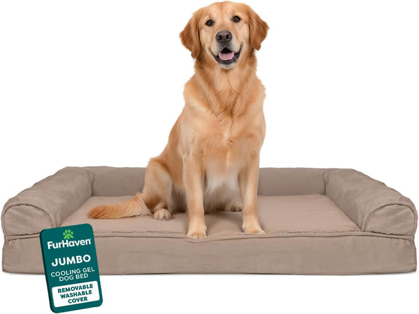 Furhaven Orthopedic Dog Bed for Large Dogs, Sofa-Style with Cool Gel-Top Foam with a Solid Orthopedic Foam Base for Joint Support, Removable Washable Cover, Jumbo XL, Plush & Suede, Gray33