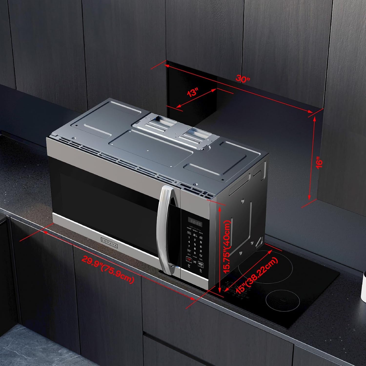 empava-1-7-cu-ft-over-the-range-microwave-1000w-silver-empv-30otr01-sensor-cooking-auto-menus-2-speed-300-cfm-venting-fan-10-power-levels-turntable-function-bright-cooktop-led-lighting